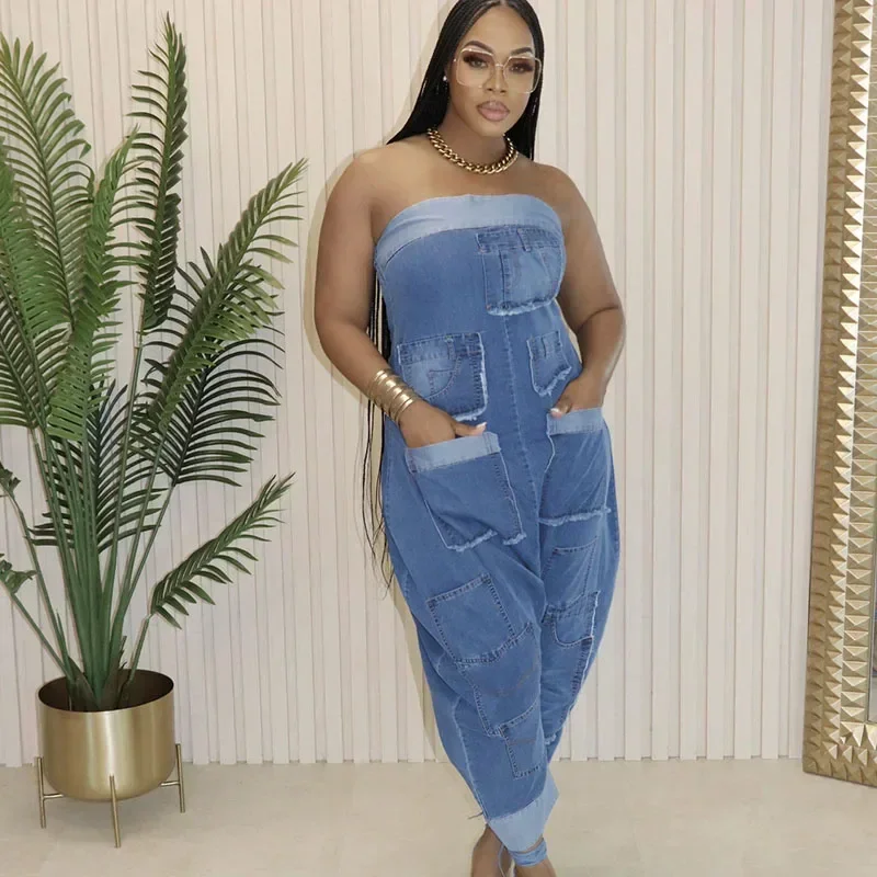 Off Shoulder Multi-Pocket Denim Jumpsuit Women Sleeveless Strapless Night Party One Pieces Overall Club Rompers Jeans Streetwear