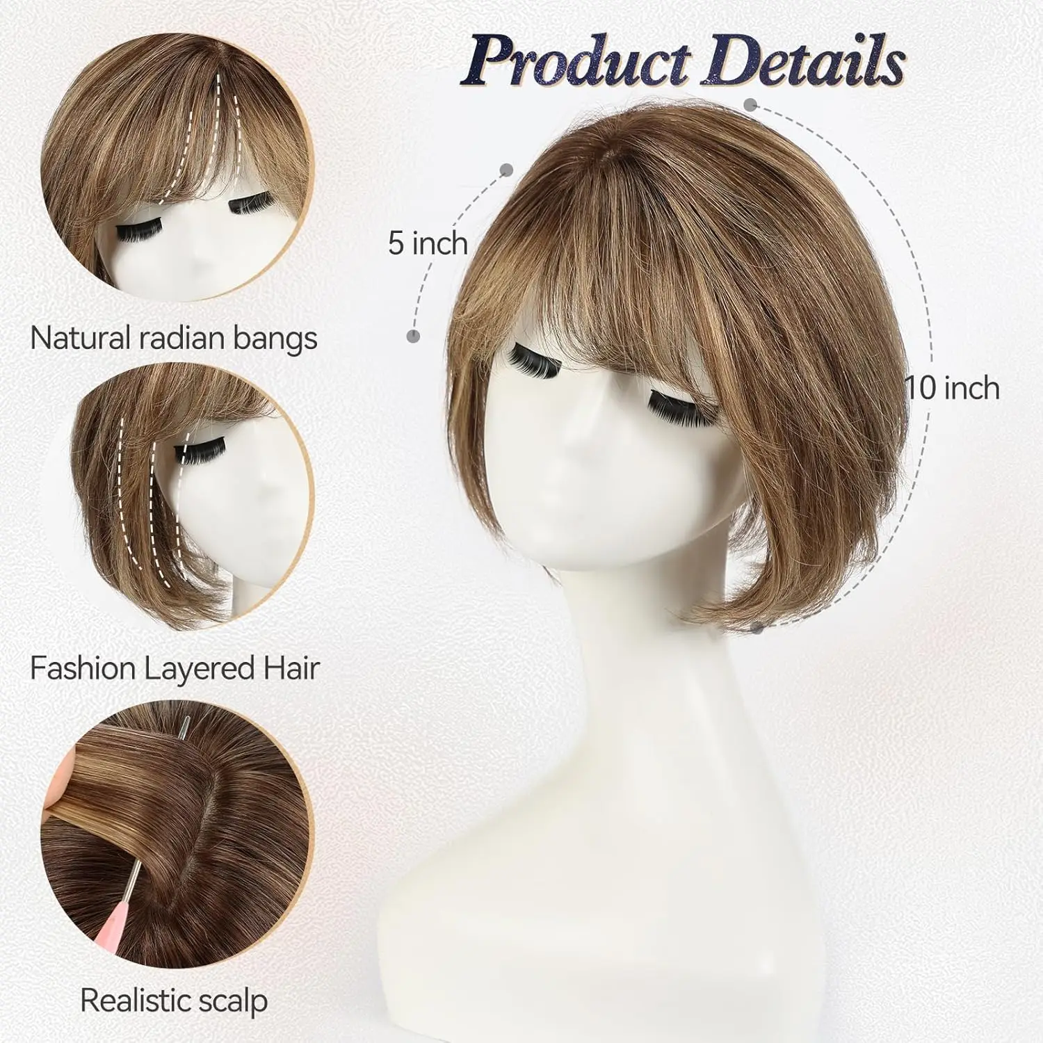 Brown Highlight Real Human Hair Toppers with Bangs Side Part Short Bob 6.5x6.5 inch Base Human Hairs Topper for Women Hair Loss