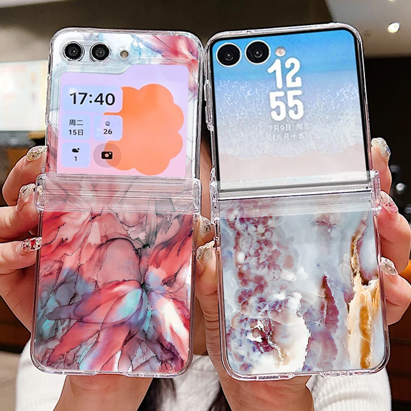 Clear Marble Pattern Folding Phone Case For Samsung Galaxy Z Flip8 Flip7 FE Flip6 Flip 8 7 6 5 4 3 5G Shockproof Hard PC Cover
