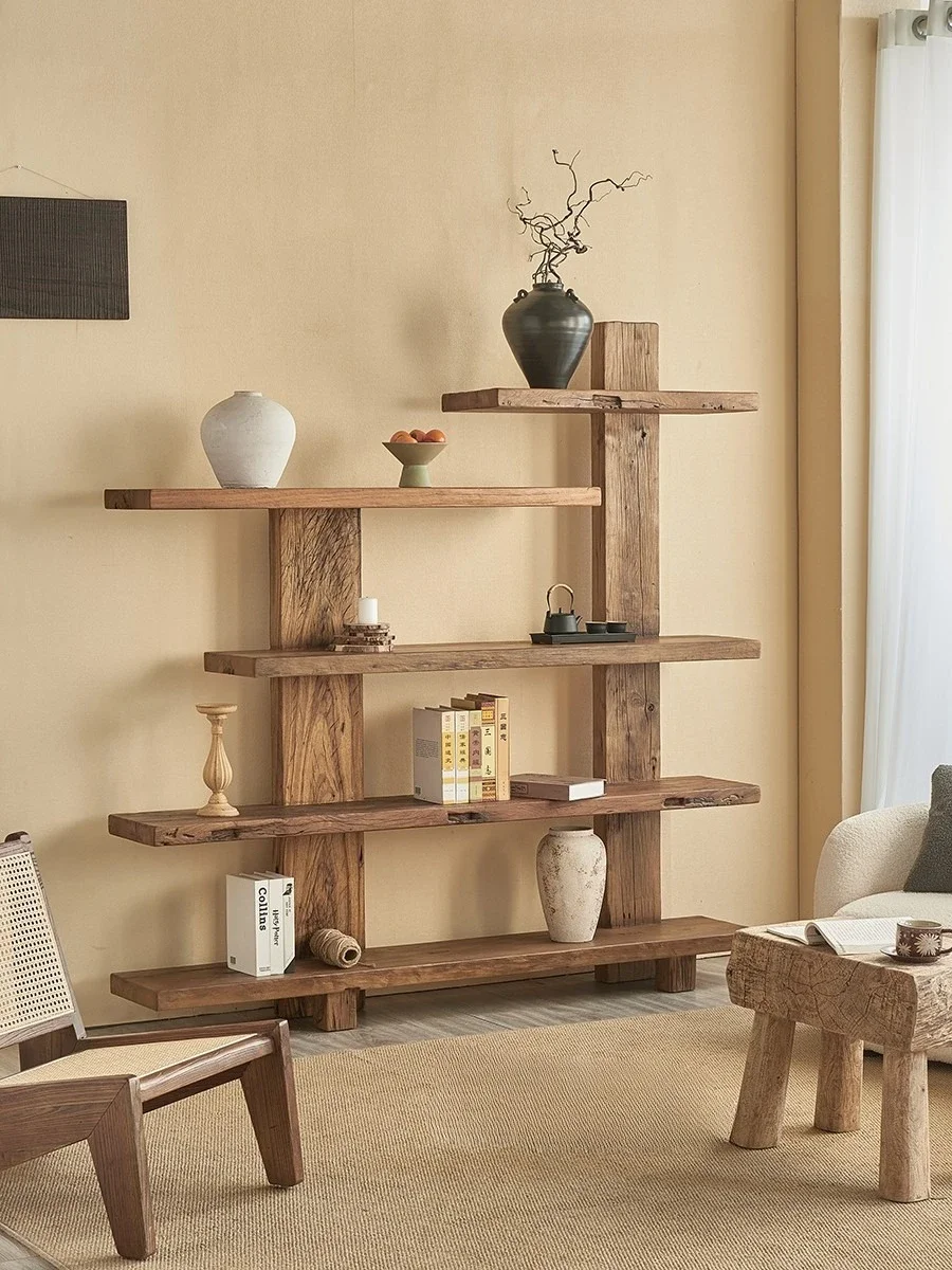 Wabi Sand Wind Soli d Wood Bogu Frame  Pa vilion Against the Wall Bookshelf Display Cab inet