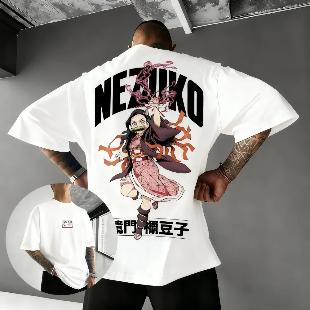 

Футболка из чистого хлопка Demon Slayer Nezuko Kamado, лето 2026, свободный американский повседневный топ с короткими рукавами и принтом аниме для родителей и детей