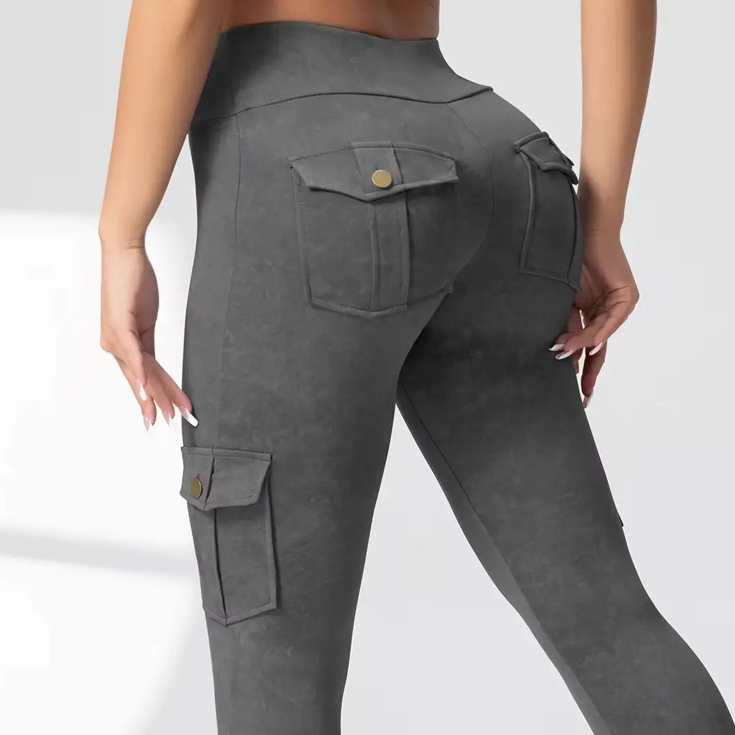 Women Hip Lifting Button Pocket Sport Leggings High Waisted Yoga Streetwear Pants Slimming Tight Elastic Leggings