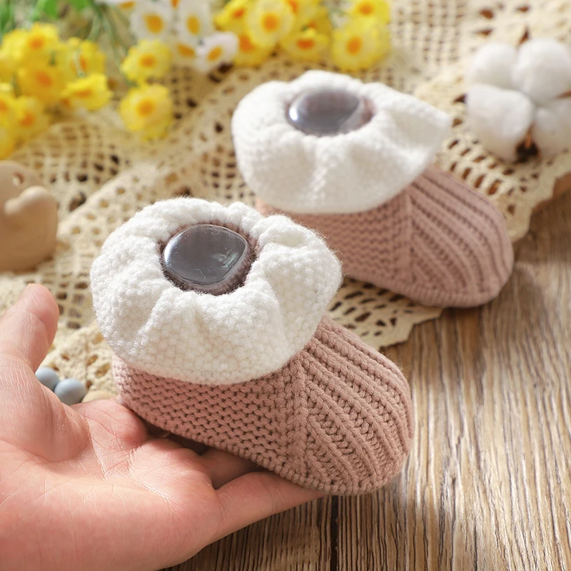 

0-12m Toddler Solid Color Floor Crib Shoes Baby Girl Booties Knitted Soft-Sole Non-Slip Warm Knitted Newborn Infant First Walker