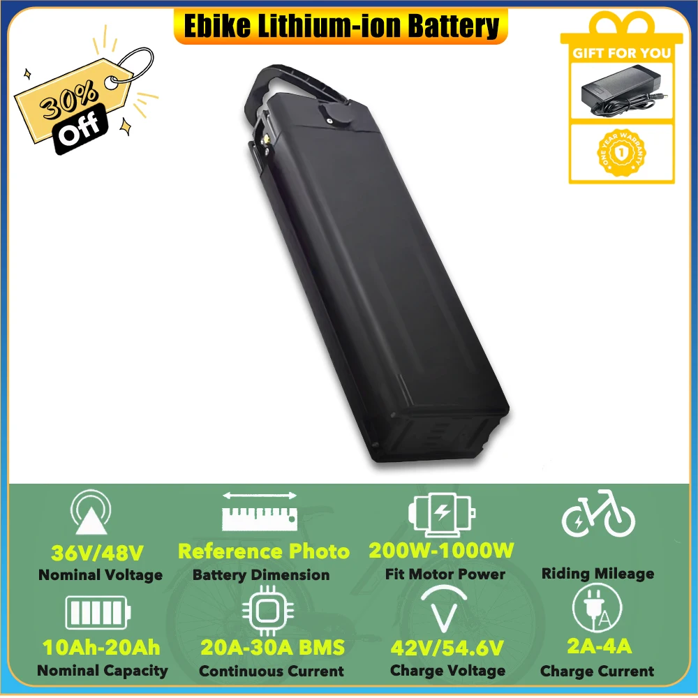 

Сменная задняя вилка 48 В, 12,5 Ач, 15 Ач, 17,5 Ач, 20 Ач, литий-ионный аккумулятор Silver Fish для городского электрического велосипеда 250 Вт, 500 Вт