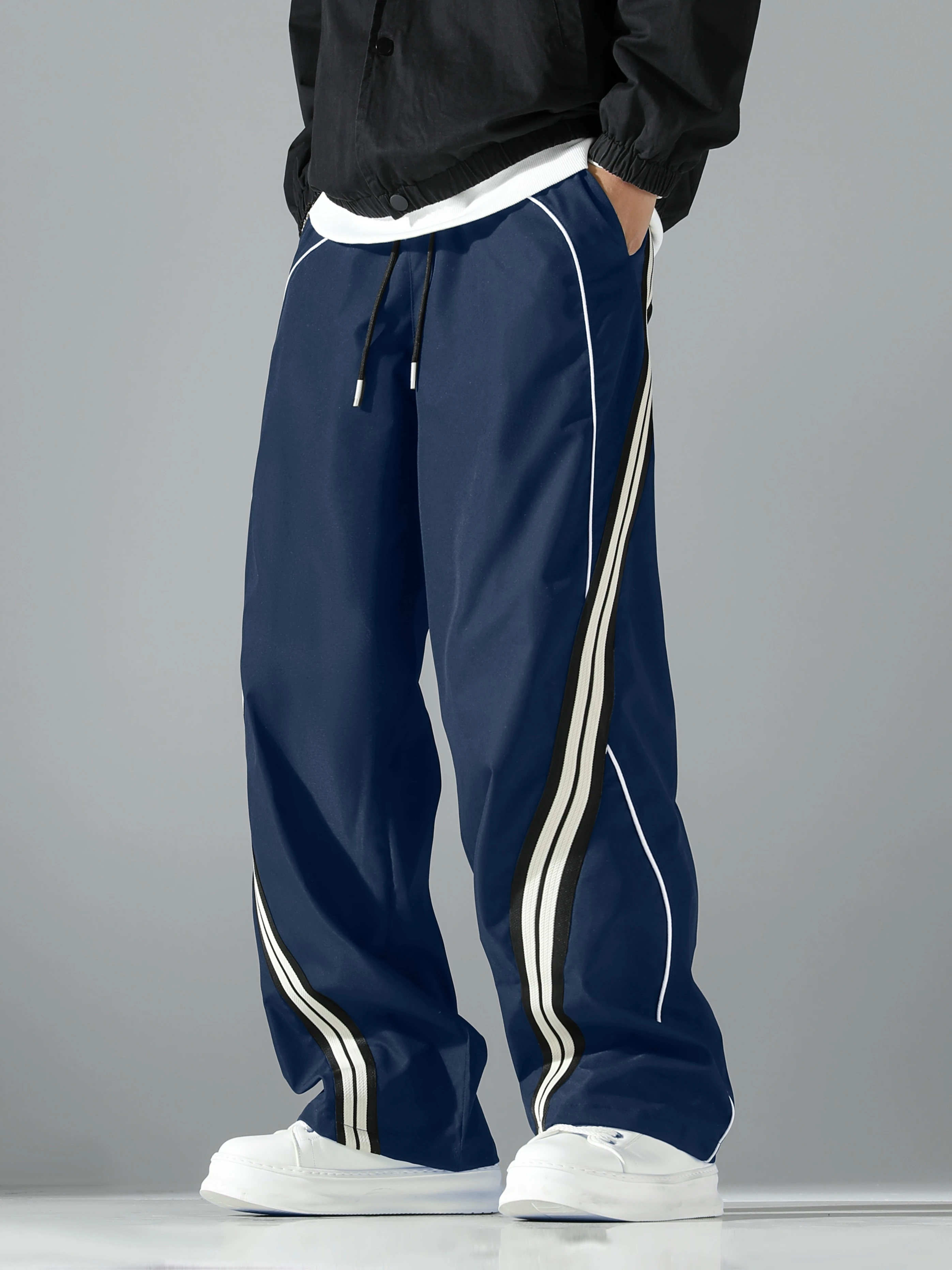 2026 New Style Men Wide Leg Track Pants Casual Drawstring Waist Trousers Side Stripe Spliced Loose Streetwear Couple Pants Kids