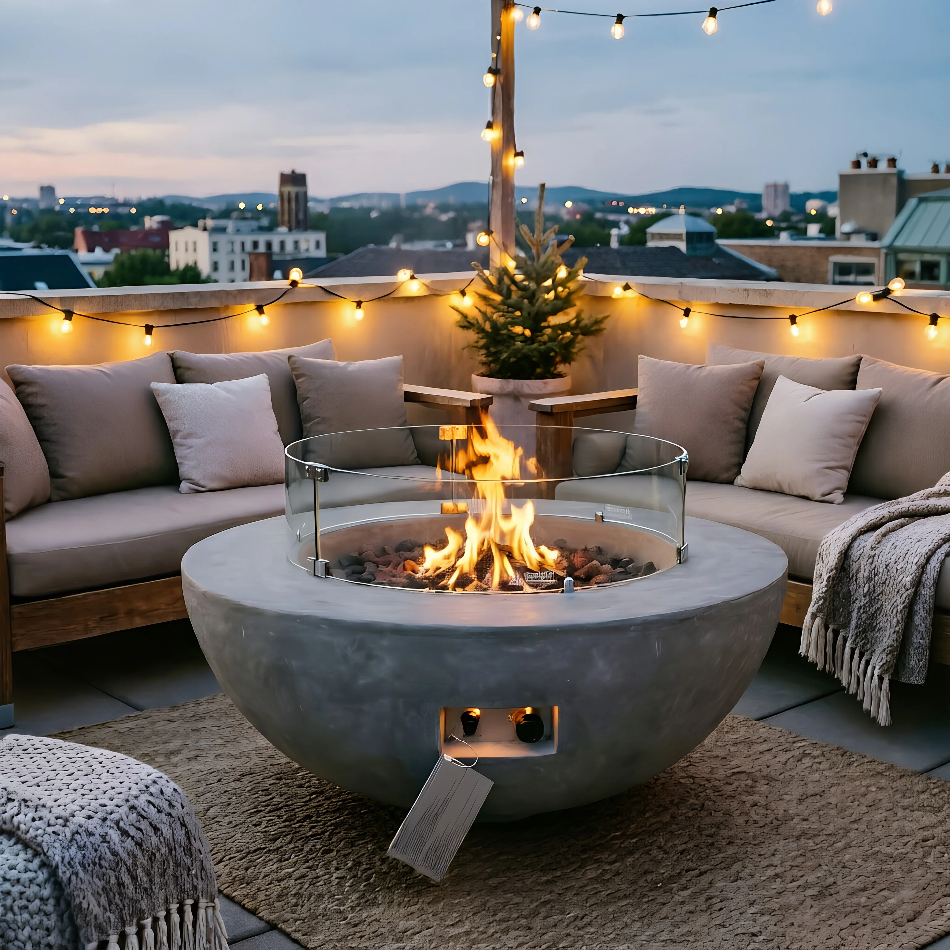 Concrete Natural Gas Fire Pit Portable Outdoor Heating for Modern Backyards with Round Design and Warmth
