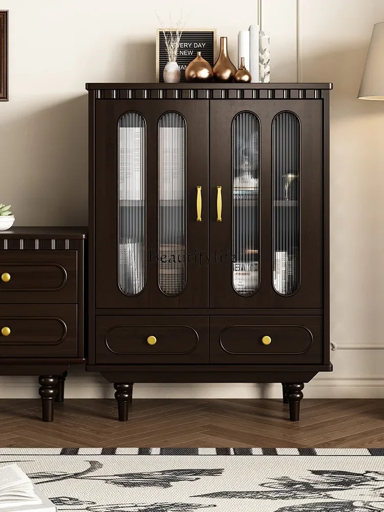 FGFrench all-solid wood glass door TV side cabinet Cream style white household wall integrated floor wine cabinet