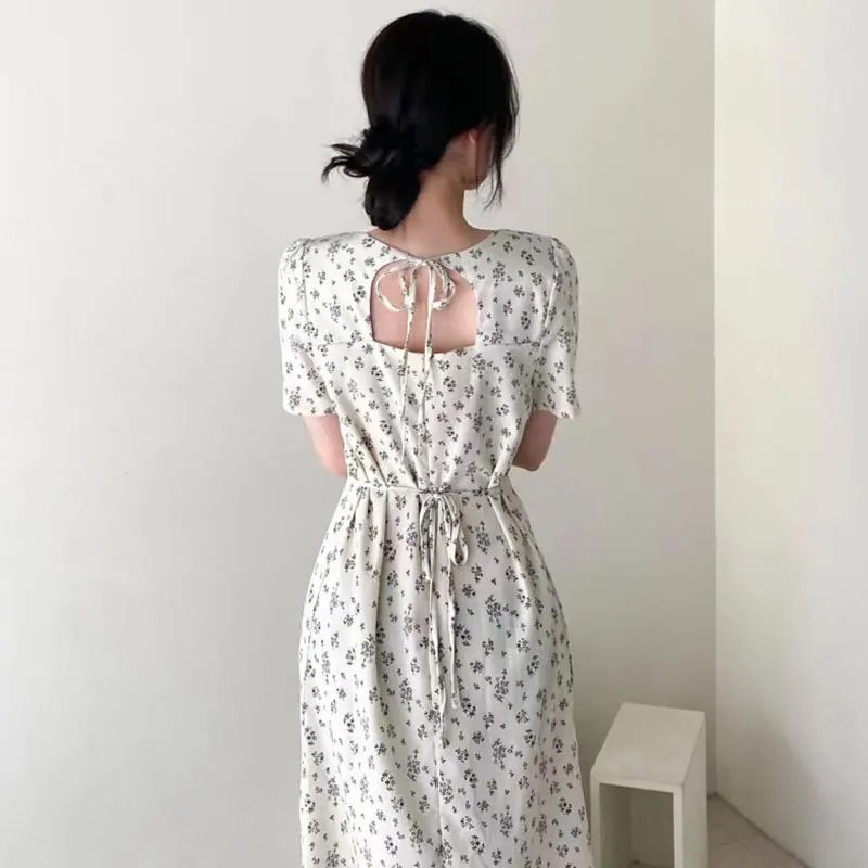 Chic Spring Summer Floral Print Bal Hollow out ort Sve Square Ne Dstring Waist Skirt for Women Commute Sle H...