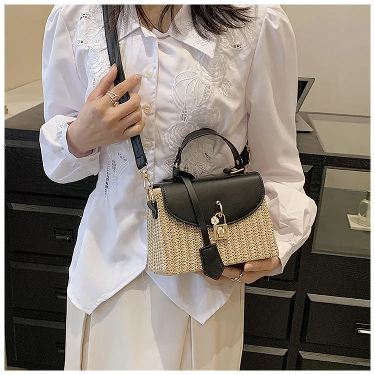 Fashion Women\'s Bag Korean Style Handbag Lock Button Straw Woven Small Square Shoulder Bag Purse For Ladies