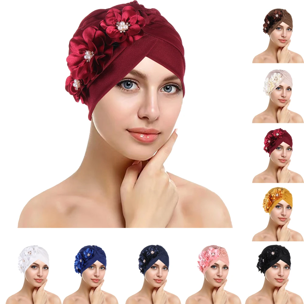 

Newest Flower Hat Indian Turban Women Pleated Chemo Cap Muslim Hijab Hair Loss Head Scarf Cover Beanies Bonnet Turbante Mujer