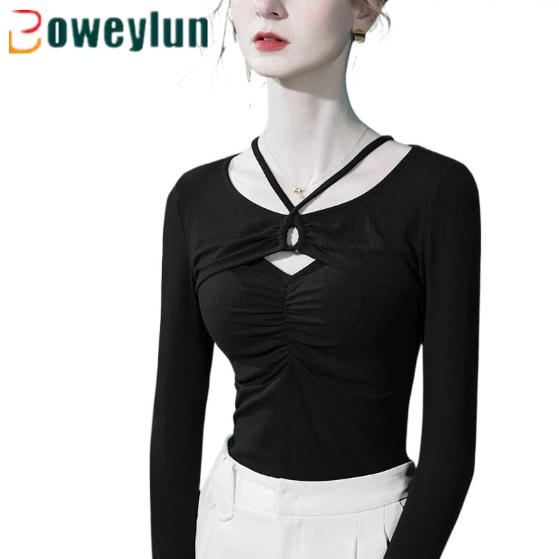 Boweylun Halter Neck Long Sleeve T-Shirt Women's Spring Hollow Out Patchwork Fold Bottom Shirt Tops