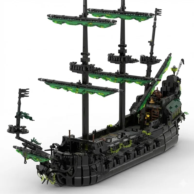 MOC Cursed Black Ghost Pirate Ship with Translucent Green Sails & Skeleton Bow Block Model