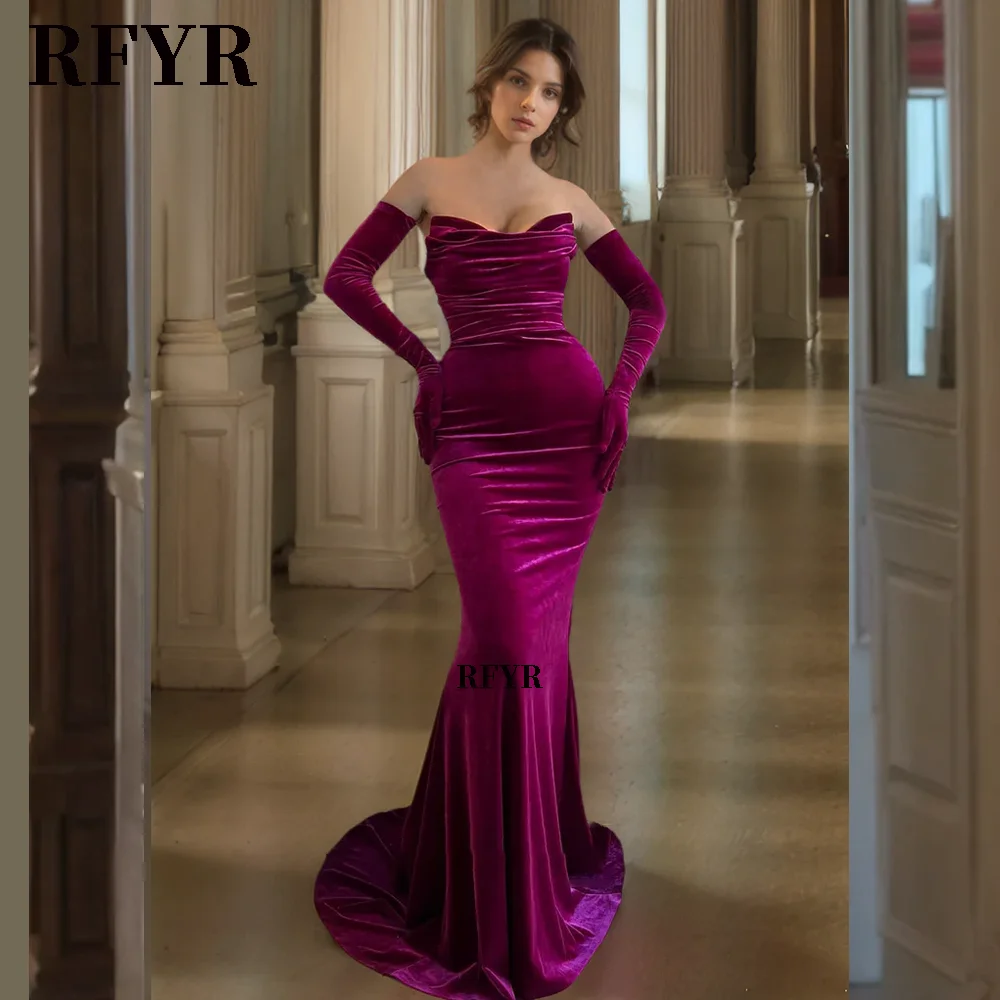 

RFYR Elegant Evening Dresses Velvet Vestidos de noite Long Sleeves Mermaid Prom Dress Formal Dress for Women Customized