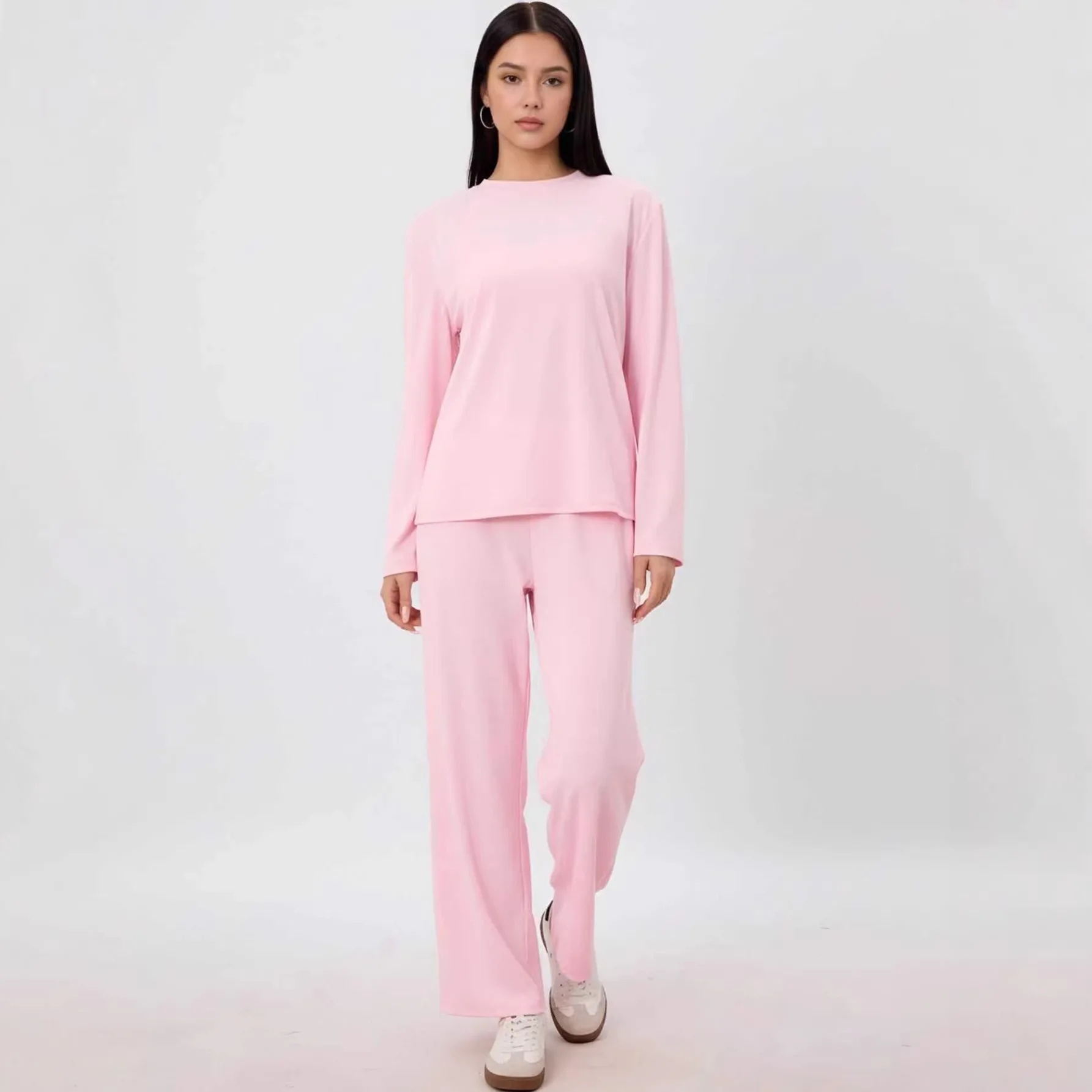Ladies High Waist Wide Leg Pants Long Sleeve round Neck Home Clothes Set Casual Comfortable Polyester Two Piece Outfit