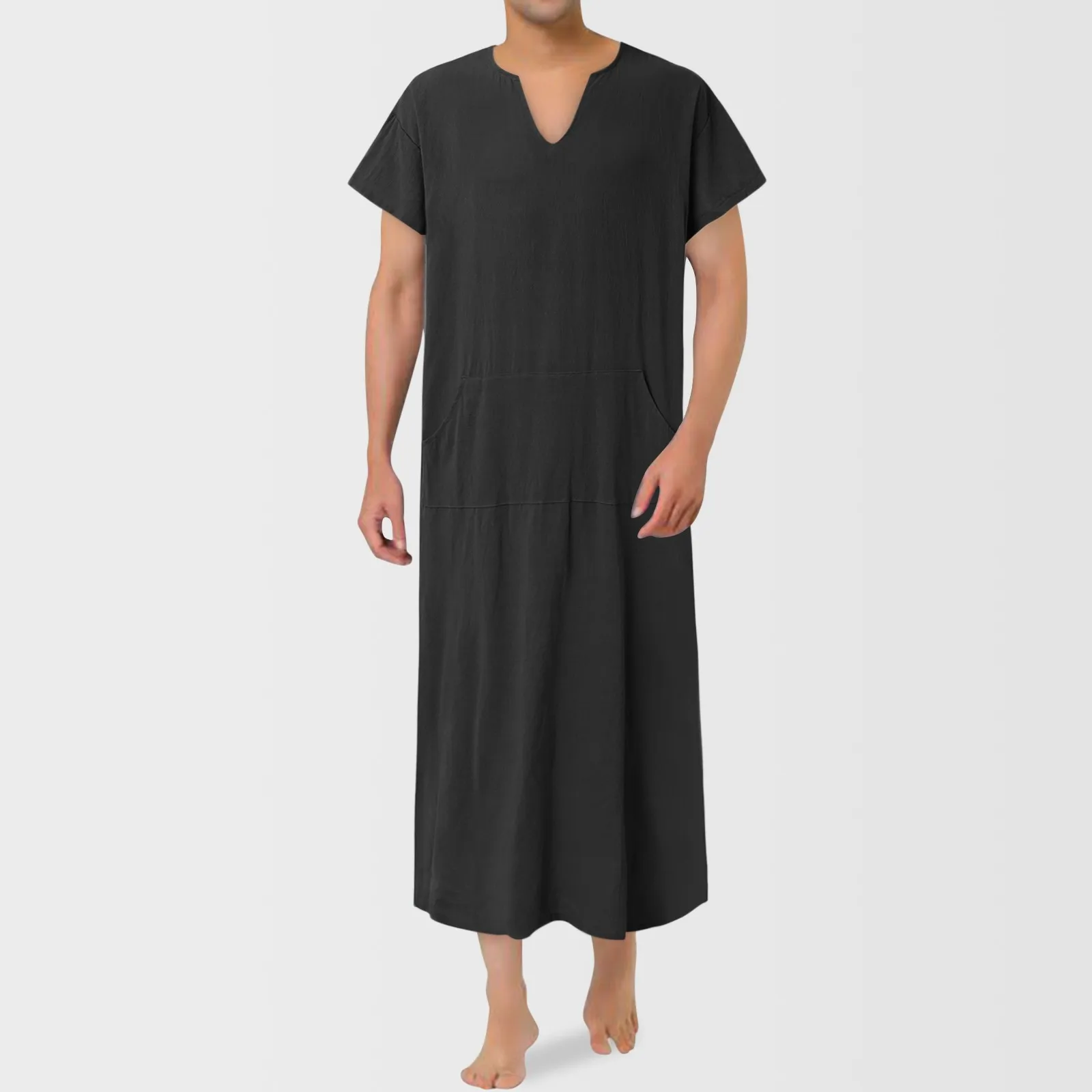 

Men'S Muslim Arab Islamic Kaftan Robes V-Neck Short Sleeve Solid Cotton Linen Jubba Thobe Casual Fashion Dubai Saudi Arabia Robe