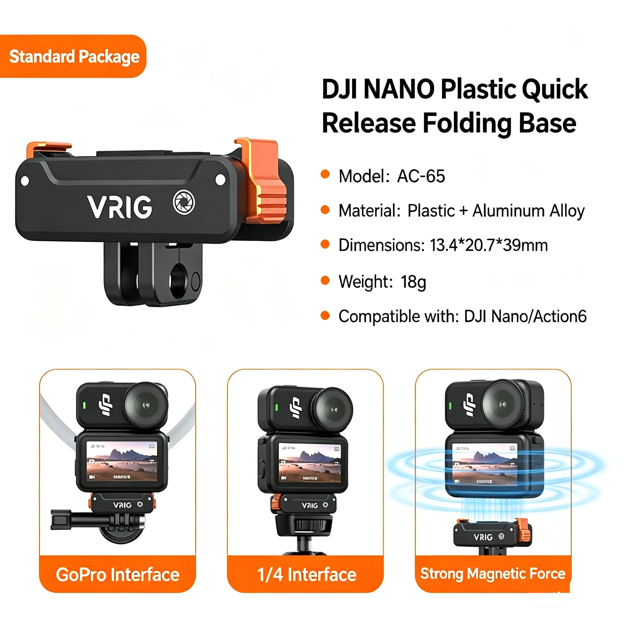 VRIG magnetische snelkoppelingsbevestiging voor DJI Osmo Action6 Nano, inklapbare basis, 1/4"-schroef, aluminium statief, selfie-stick, vlog-accessoire.