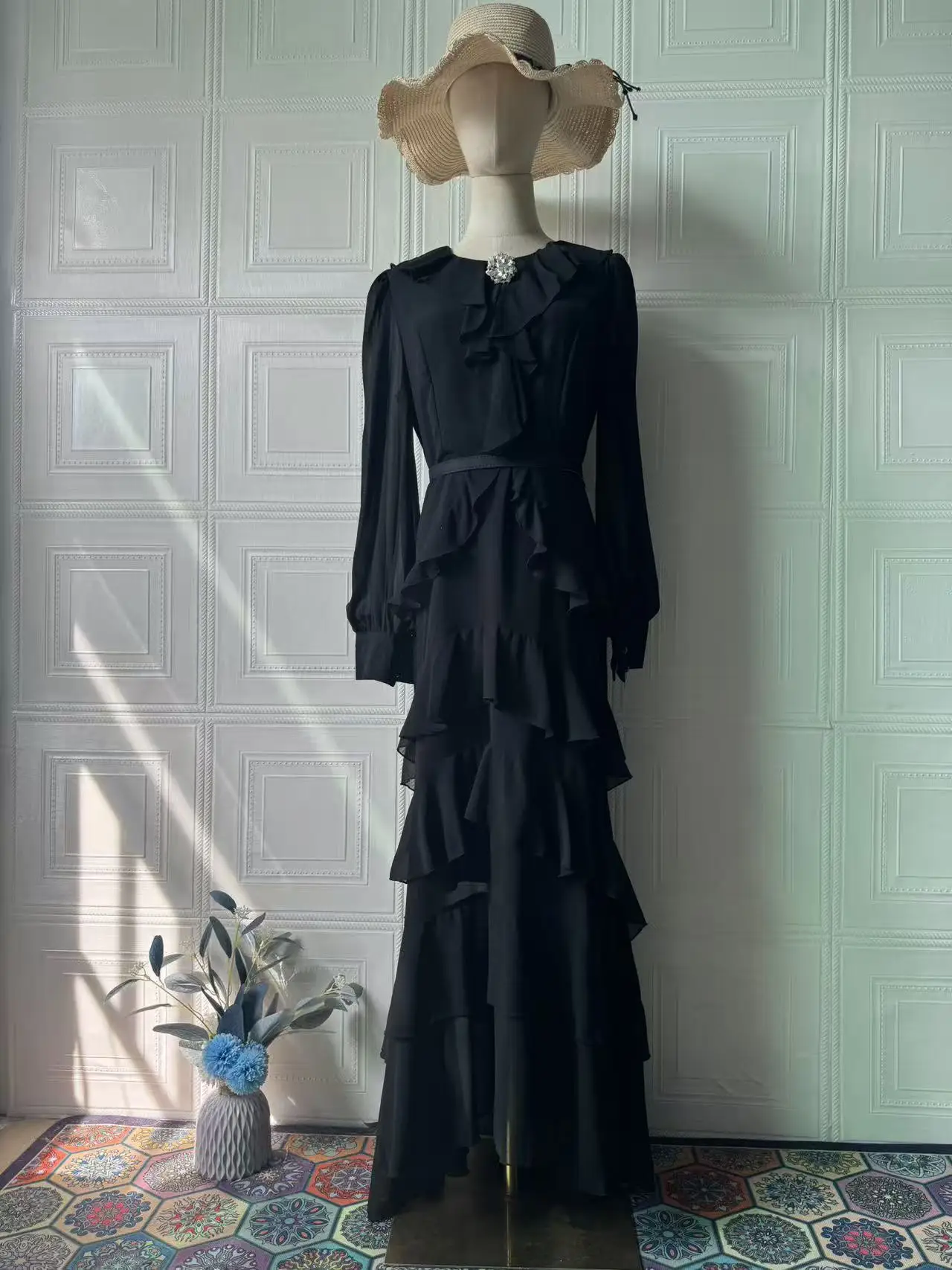 Elegant Solid Layered Ruffle Long Dress Women O Neck Long Sleeve Belt Chiffon Maxi Dress Autumn Wedding Guest Evening Party Robe
