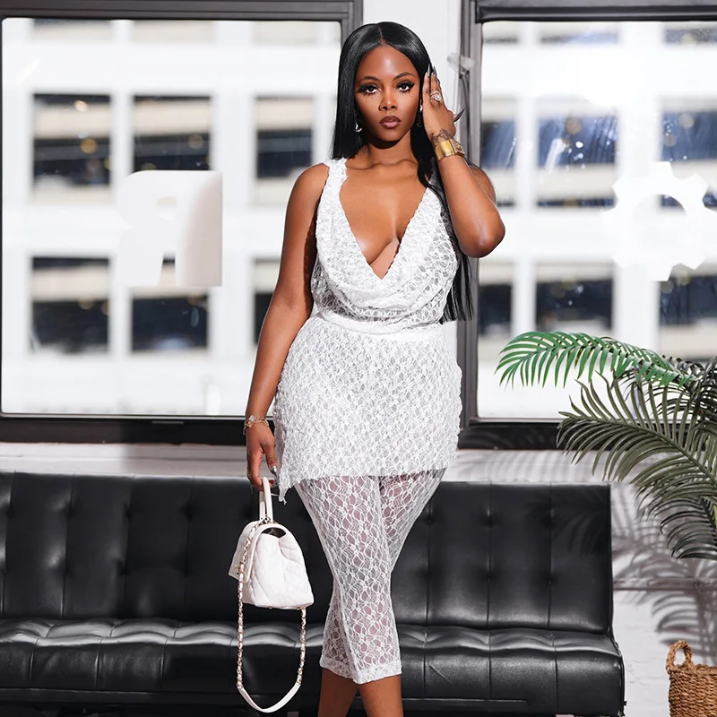 

BKLD Summer Clothes For Women 2025 Swing Collar Deep V Hooded See Through Lace Tops Calf-Length Pants Casual Two Piece Sets