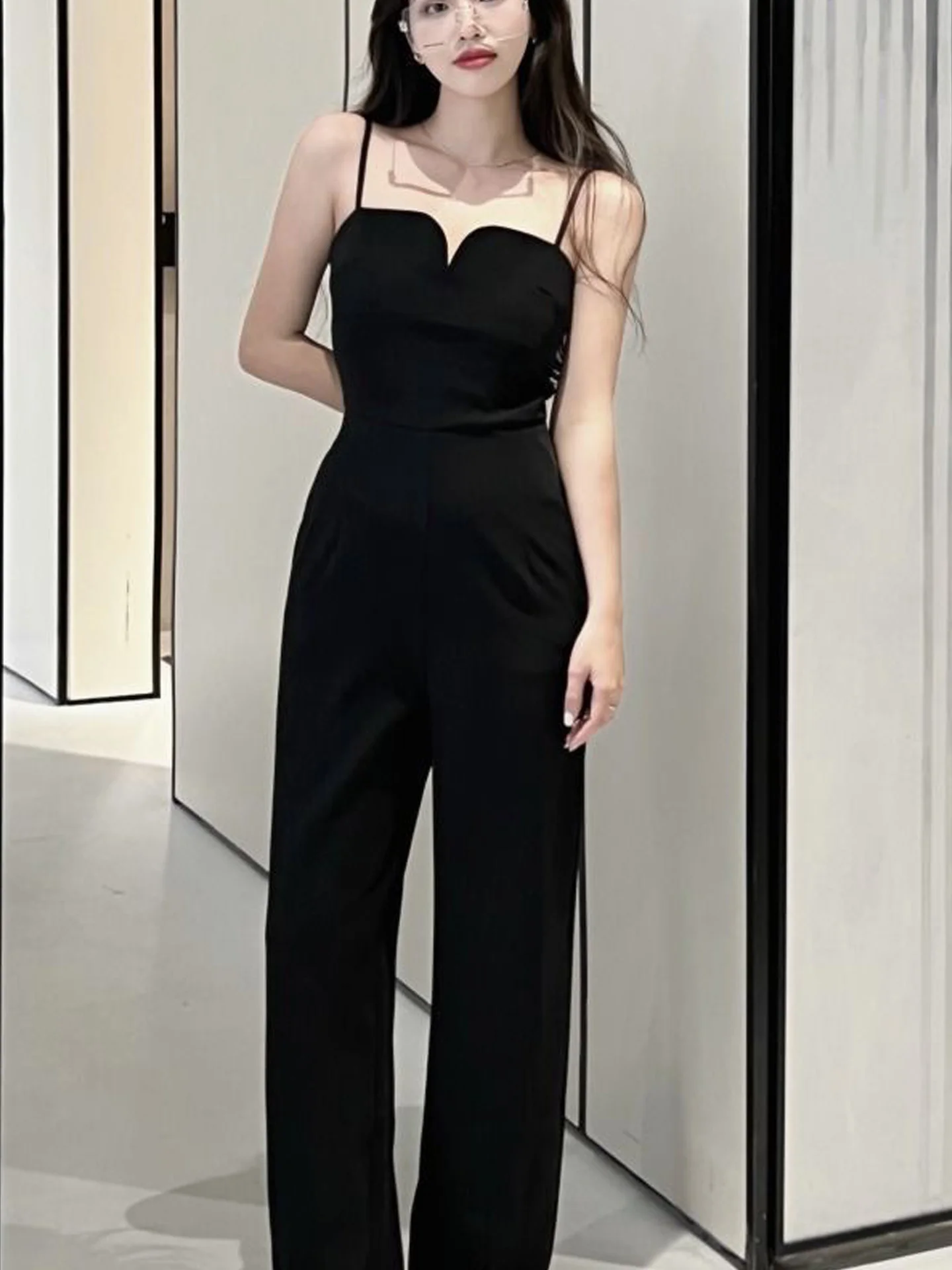Elegant Black One-Piece Romper Women's Fashion High Waist Straight Leg Suiting Pants Casual Wear Polyester Fiber Micro Stretch