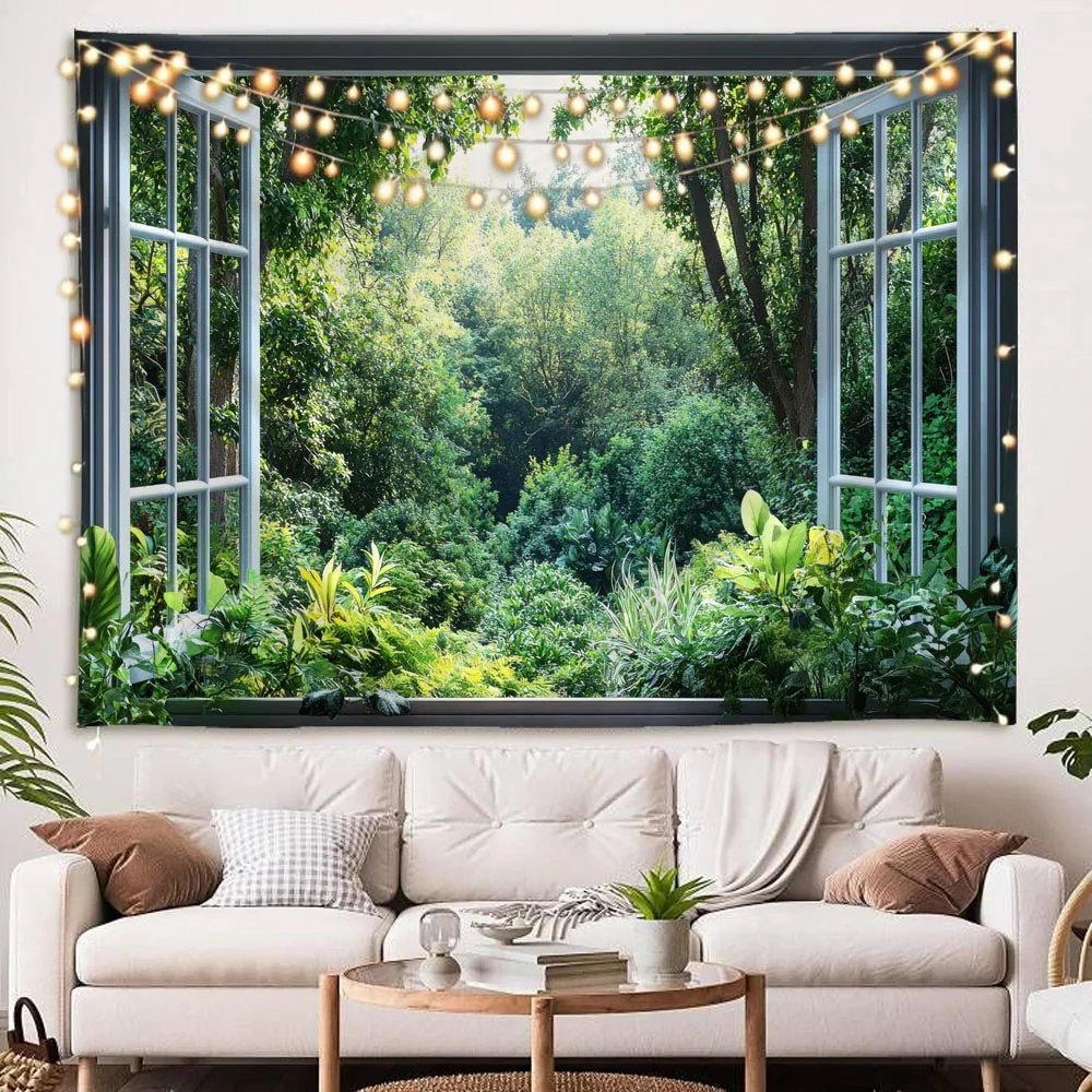 

Aesthetic Landscape Tapestry - Forest Sea Castle Flowers City Window Scene Mural for Home Bedroom House Garden Decor