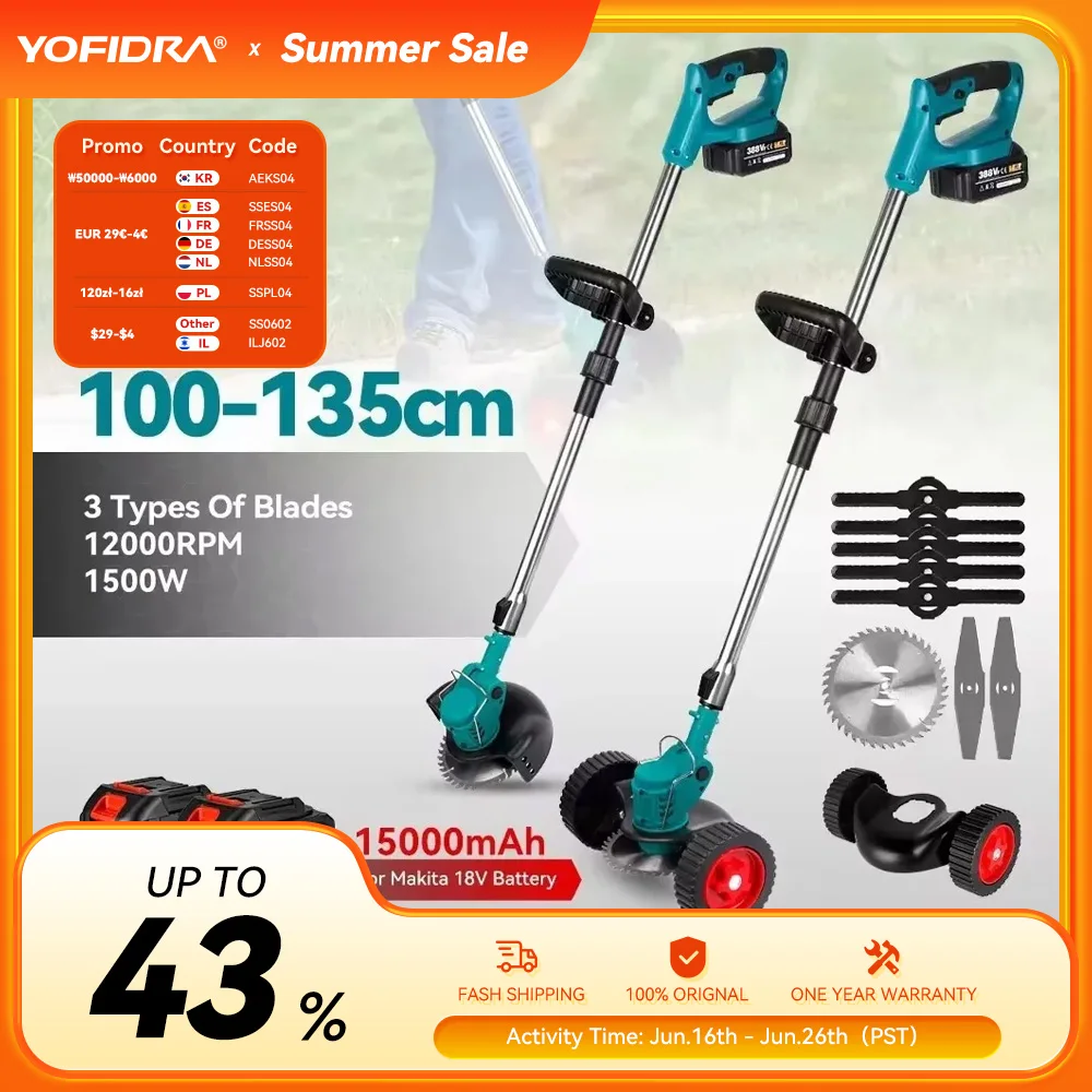 Электрическая газонокосилка Yofidra, складной эффективный ручной беспроводной садовый электроинструмент для обрезки батареи 18 В с 2 батареями