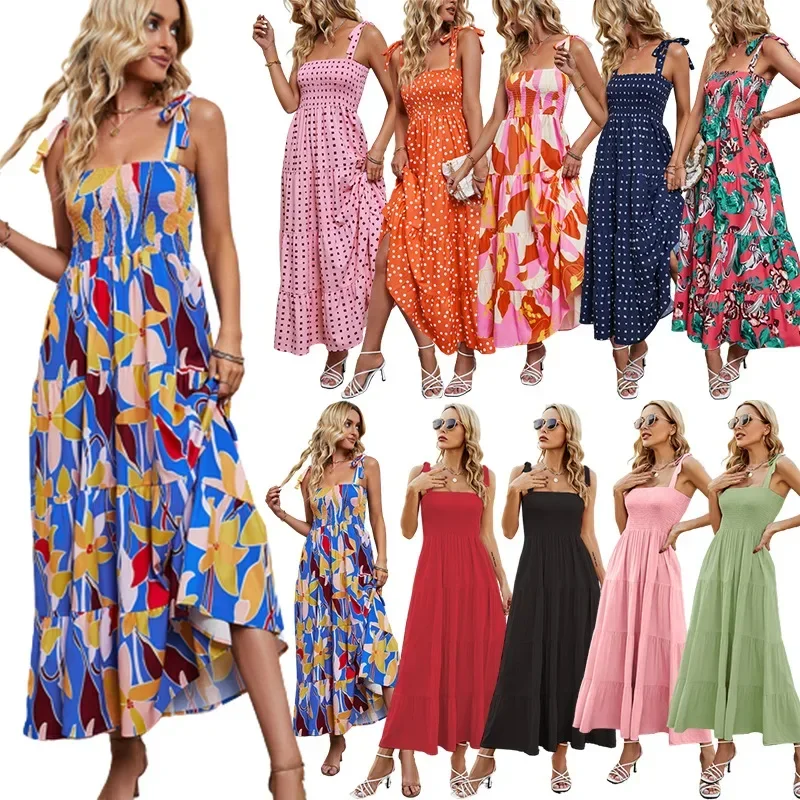 

Women's Summer Boho Spaghetti Strap Square Neck Ruffle Casual Flowy Long Dress Beach Swing Party Maxi Dress