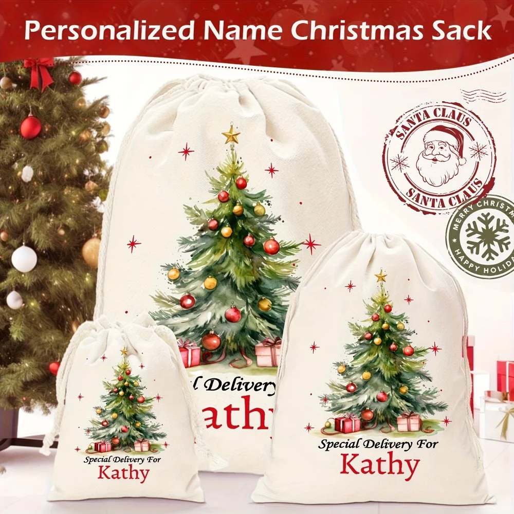 1Pc Customized Name/Text Christmas Tree Imitation Hemp Gift Bag, Drawstring Closure Storage Bag,Party Candy Bags, Christmas Gift