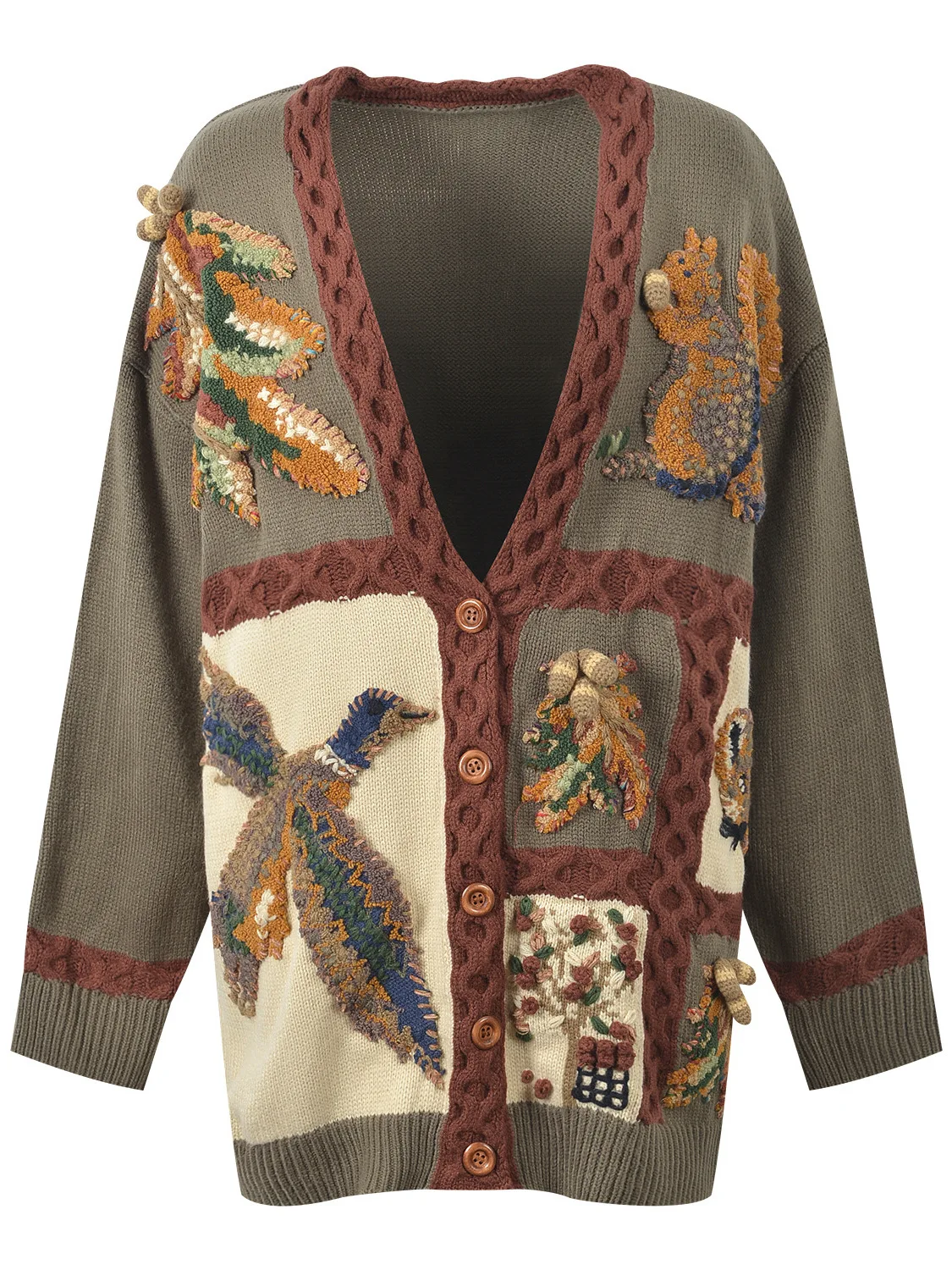 

Осень-зима мультяшный дизайн тяжелая работа белка Le гусь крючок цветок рельефный V Ne вязаный свитер женский кардиган