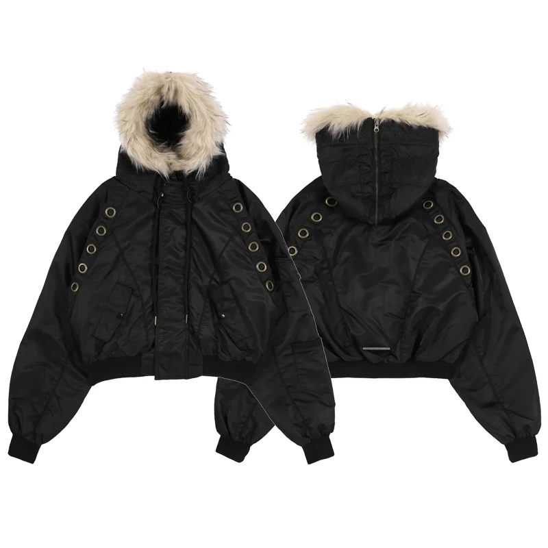 

INS style dark retro jacket coat fur collar design metal decoration 2026 new unisex warm hooded zipper solid color coat