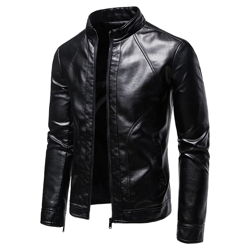 

Spring Autumn Men's Motorcycle Leather Jacket Fashion Slim Fit Stand Collar Black Solid Color Windproof Drive Coat Biker Jackets