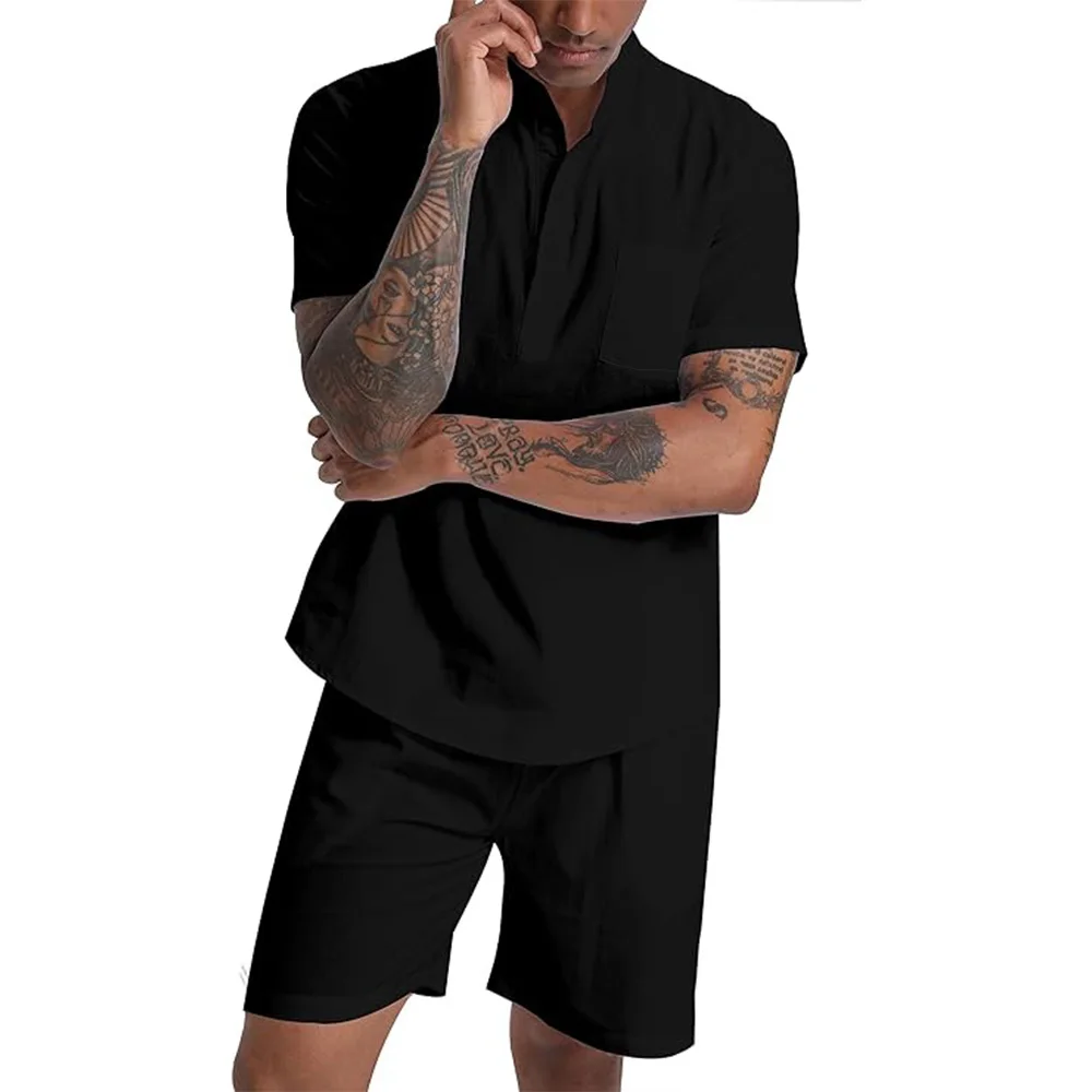 Men\'s Cotton Linen Set Henley Shirts Shorts Outfits 2 Pieces Beach Clothes Vacation Matching Suit Summer Wear Shirt Sleeve