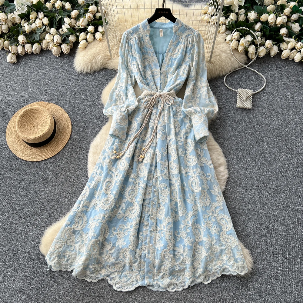 

Платье с вышивкой во французском стиле для женщин, весна-осень, новые длинные платья с бантом на шнуровке и v-образным вырезом, модное платье Grace с завязкой на талии