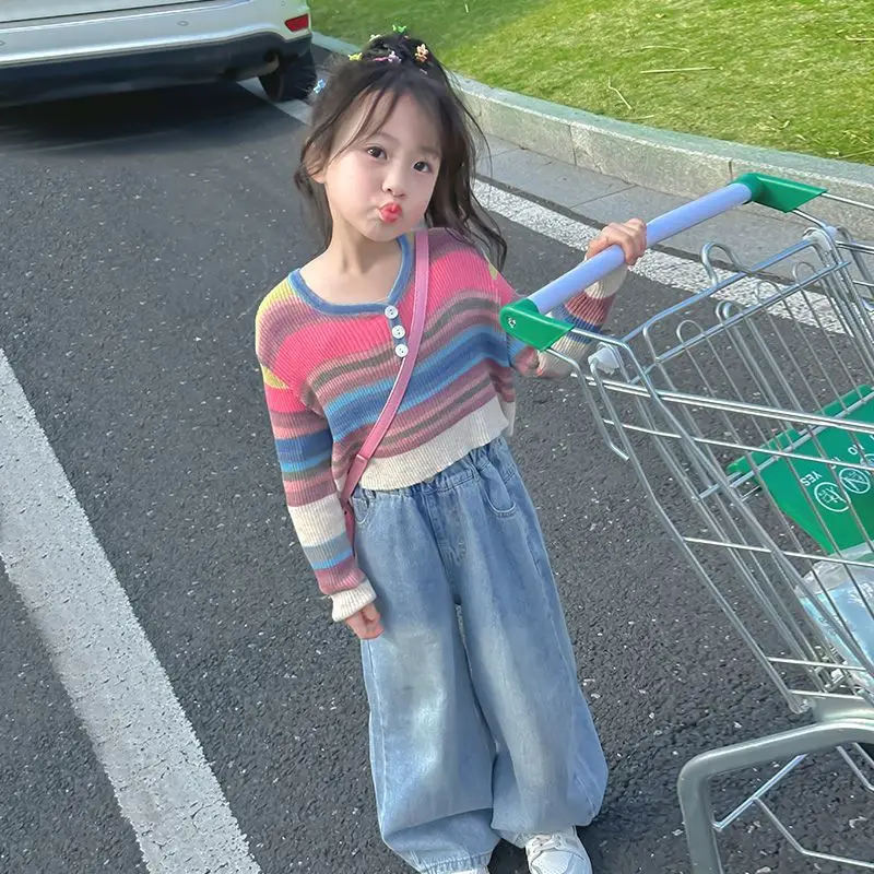 

Knitted Top & Pants 2-Piece Set Denim Striped Girl Long Sleeve Sets Clothes 6 7 Years Outfits Autumn Winter Outfit Girls's Old