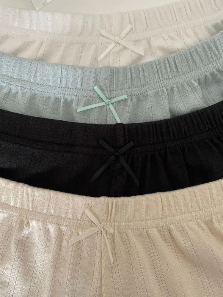 Słodkie Szorty Dresowe z Oczkami, Prosta Kokarda, Damskie Letnie Nowe Elastyczne Spodenki Bawełniane, Codzienne Gładkie Podstawowe Szorty Domowe Piżamowe Y2K