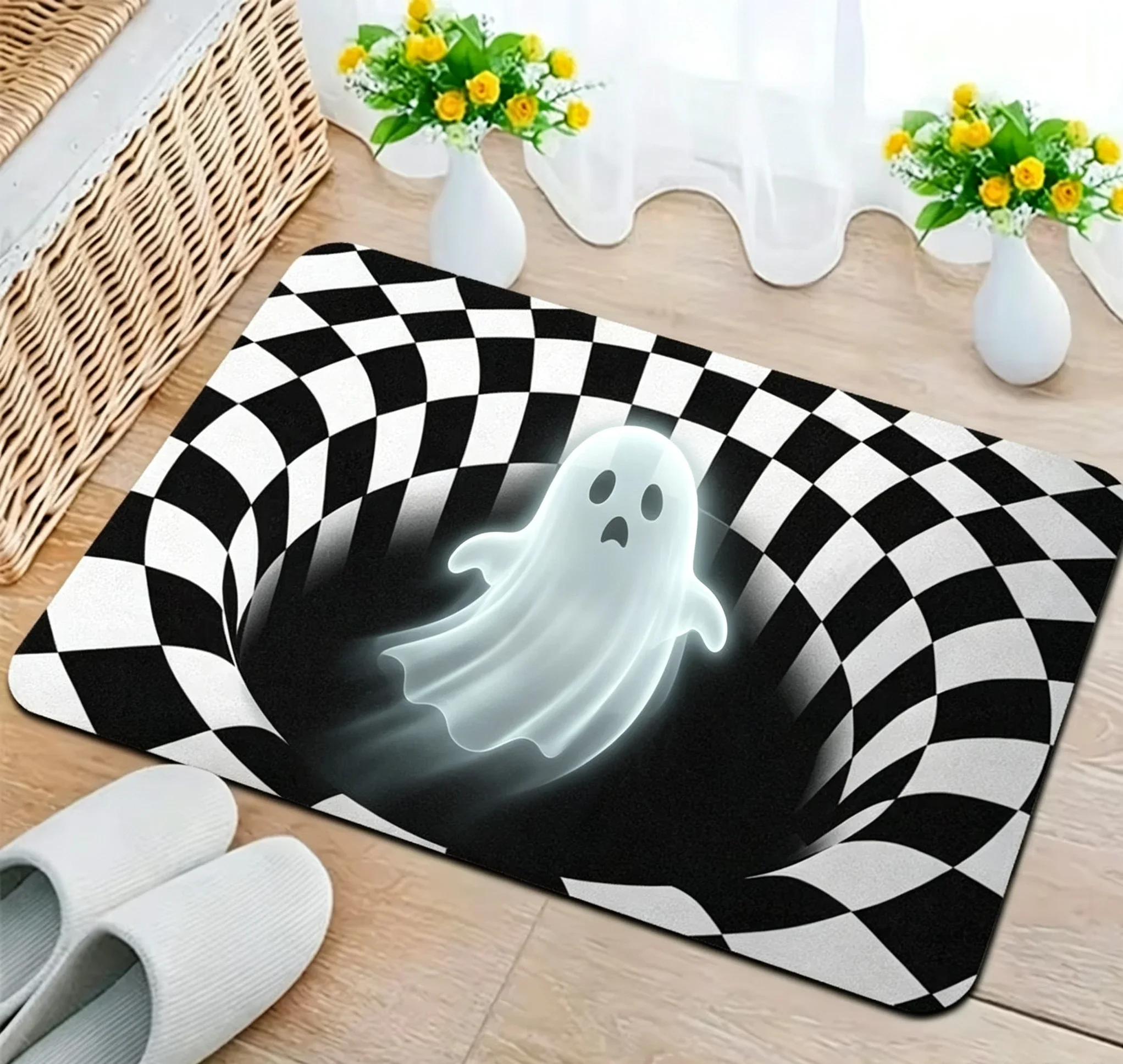 White Ghost Checkerboard 3D Effect Carpet Twisted Grid Pattern Translucent Spirit Print Non Slip  Mat