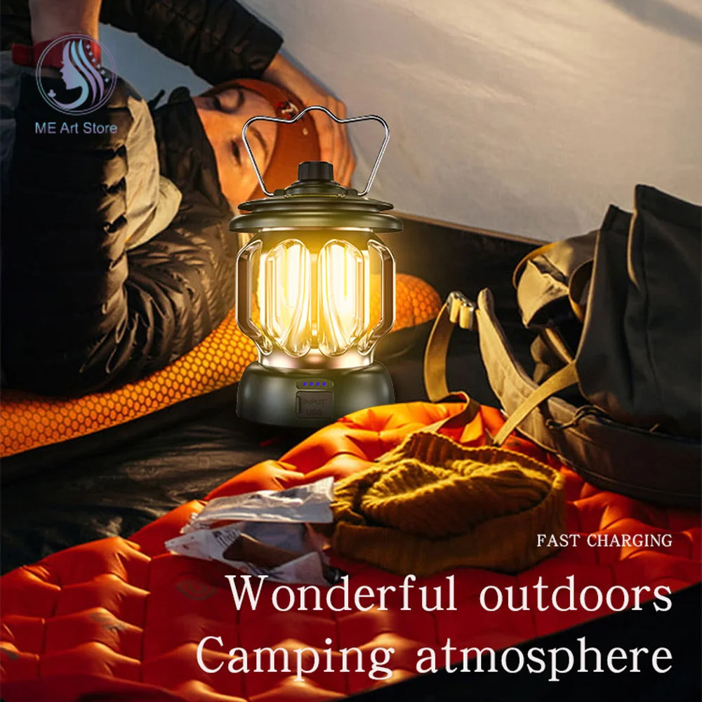 Outdoor LED Camping Light Retro Hanging Camping Lamp Lantern Rechargeable Retro Tent Lamp Fishing Travel Lighting Equipment