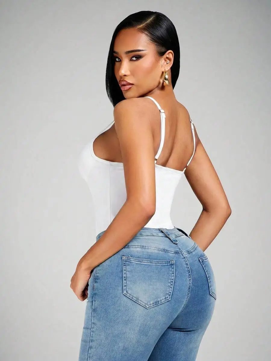 Radiana White Women's Basic Spring/Summer Suspender Cup Bodysuit, All-Match Versatile, With Padded Cups, For Daily Casual,