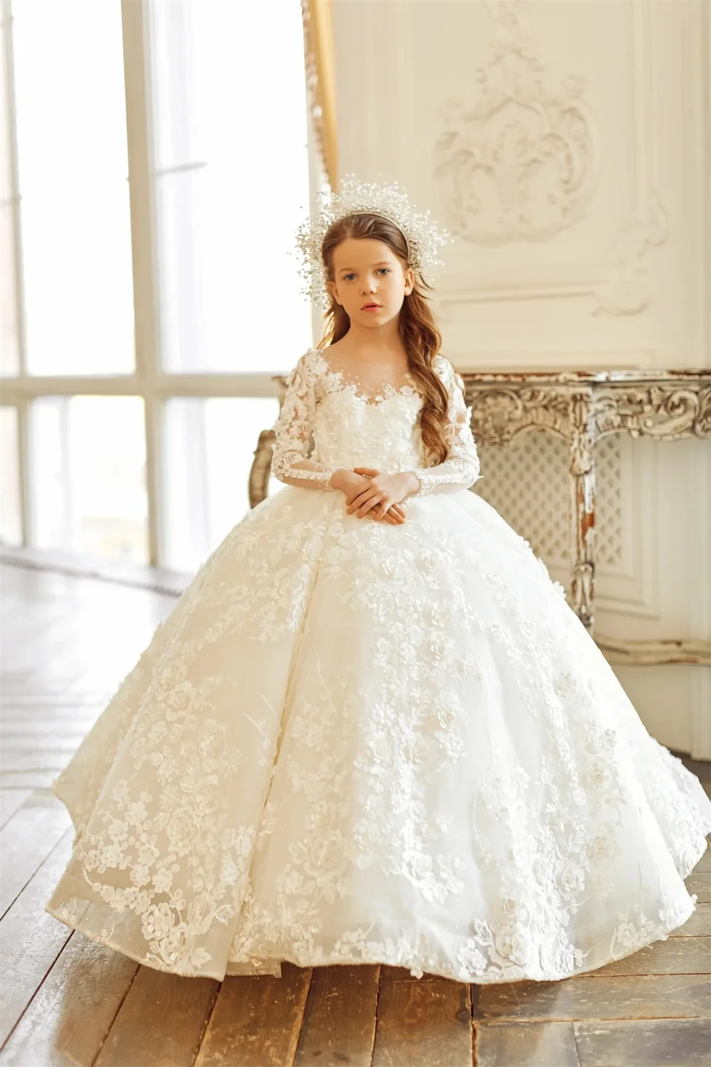 Long Sleeve for Wedding Prom Party Girls Pageant Gowns Lace Floral Appliques Kids Birthday Dress Luxury Flower Girl Dresses