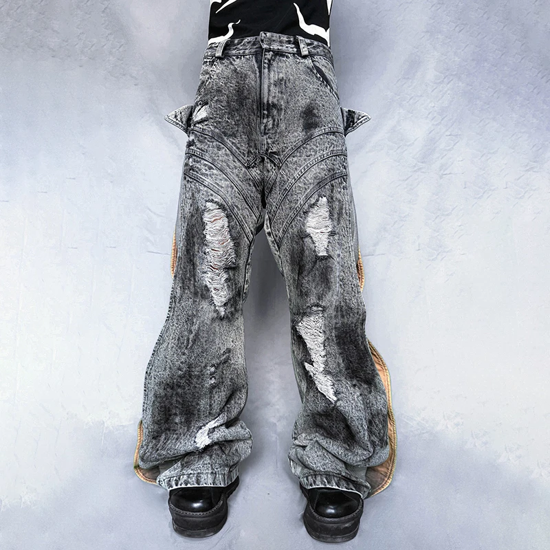 PFNW Destroy Hole Deconstruct Spliced Design Jeans Male High Street Worn-out Washed Straight Trousers Autumn Chic New 28W4061