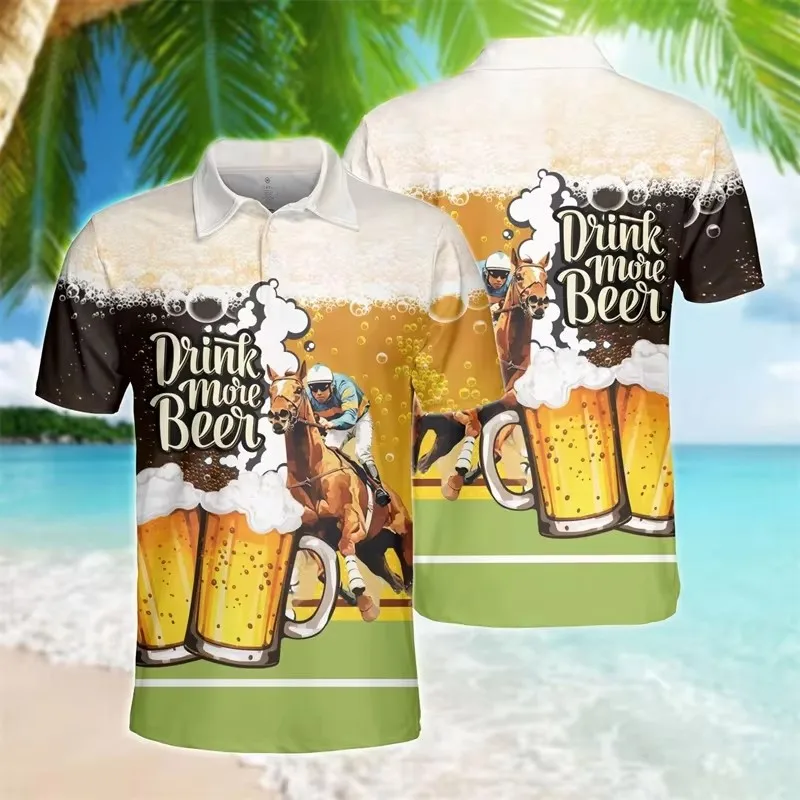 

3D beer drinking pattern polo shirt for men and women, summer short sleeved fun polo shirt for men, casual plus size T-shirt top