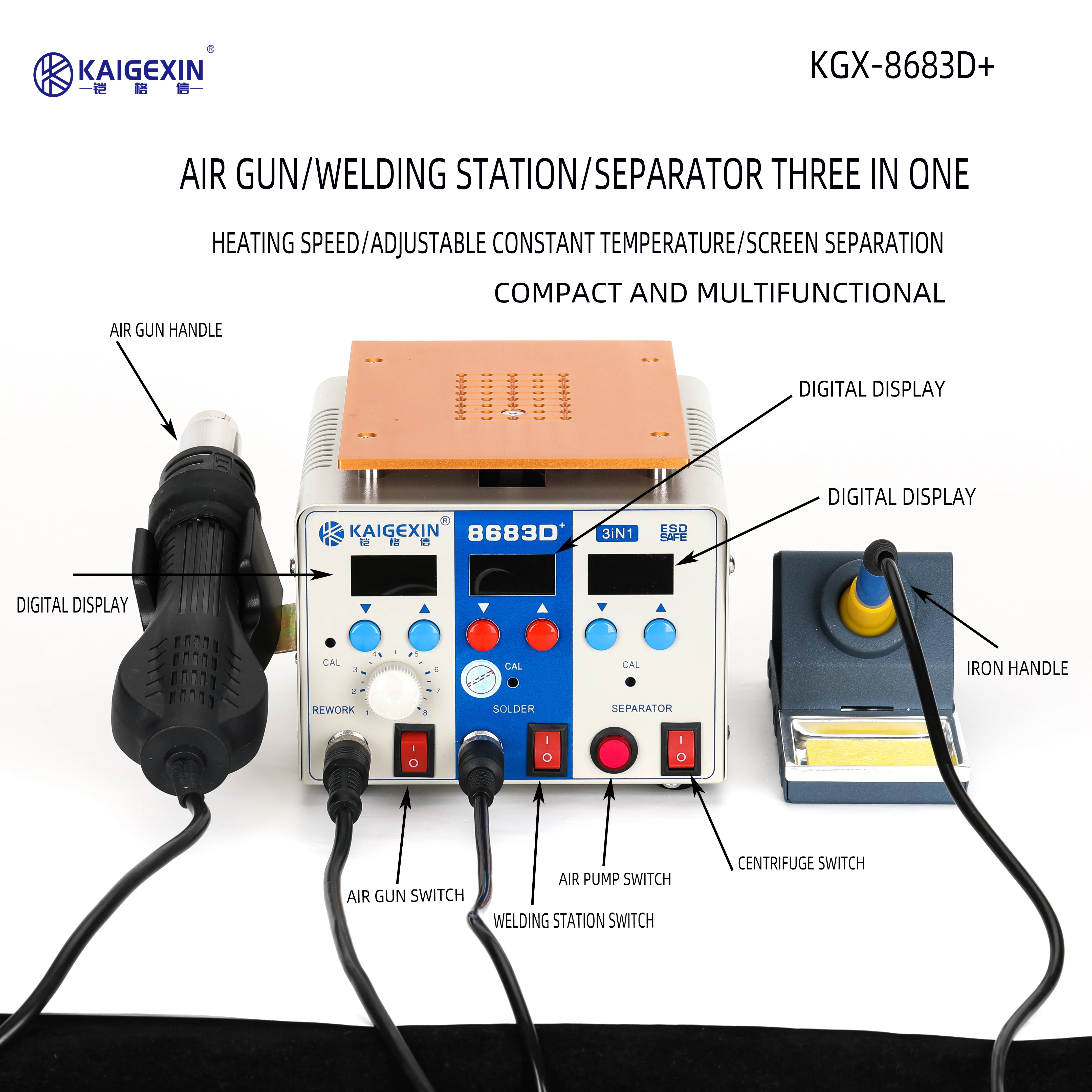 KGX-8683D+ Air Gun/Weleding Station/Separator 3 in 1 LCD Digital Hot Air Lron Separator Soldering Iron Best Soldering Station