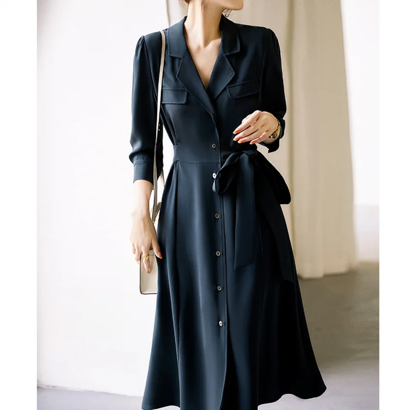 

Silk Workwear Dress Made Of Navy Blue Waist-Cinching Style Drapey, Breathable, Versatile Mid-Length Skirt Everyday