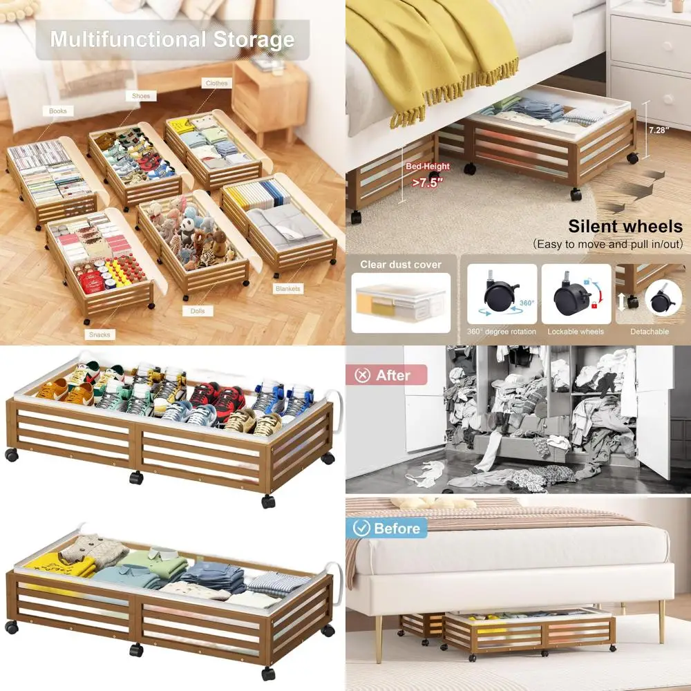 

Large Bamboo Underbed Storage Boxes with Wheels - Stackable Containers for Shoes, Clothes, Books, and Bedding (2 Pack, Walnut, 3