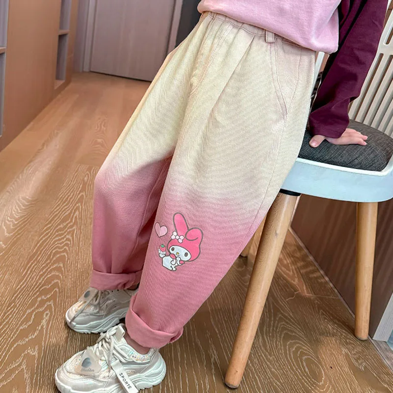 Girls Autumn Clothes Fashion Casual Pants Sanrios Kuromi Children's Elastic Waist Trousers Cartoon My Melody Sling Dye Pants