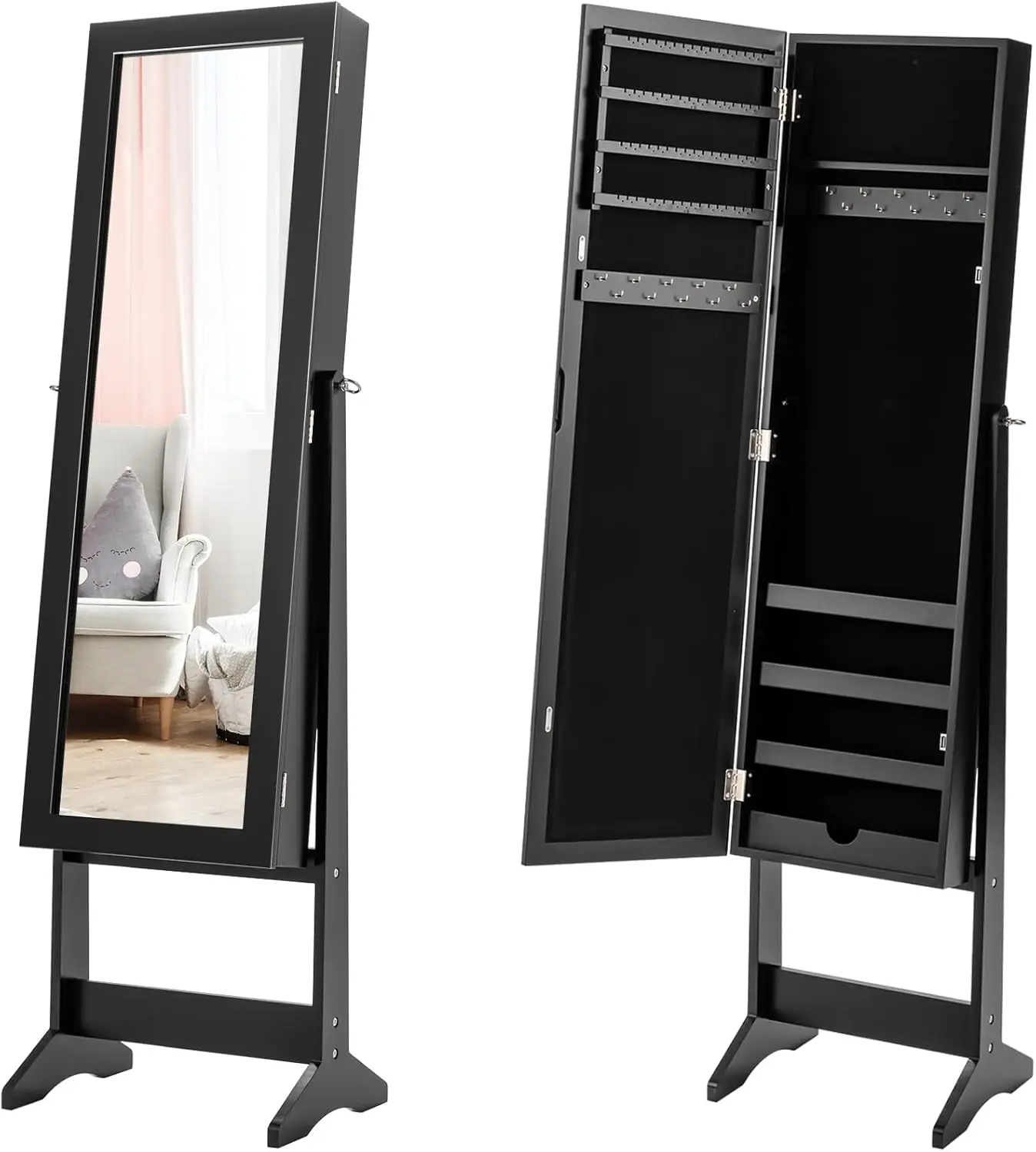 Jewelry Organizer with Full Length Mirror Door, Standing Makeup Mirror Cabinet, Freestanding Jewelry Organizer with Large Storage Capacity(Black)
