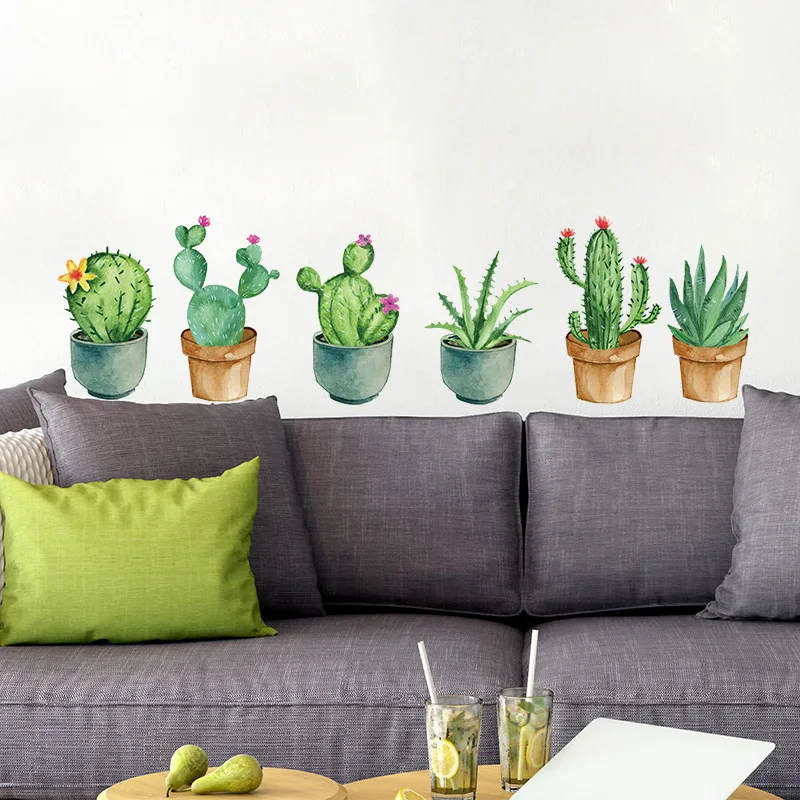 3D DIY Adesivo de Parede para Home Decor, Verde Jardim Planta, Cactus Potted Flower Pot Set, Mural Art, Adesivos Decalques Família, Escadas Do