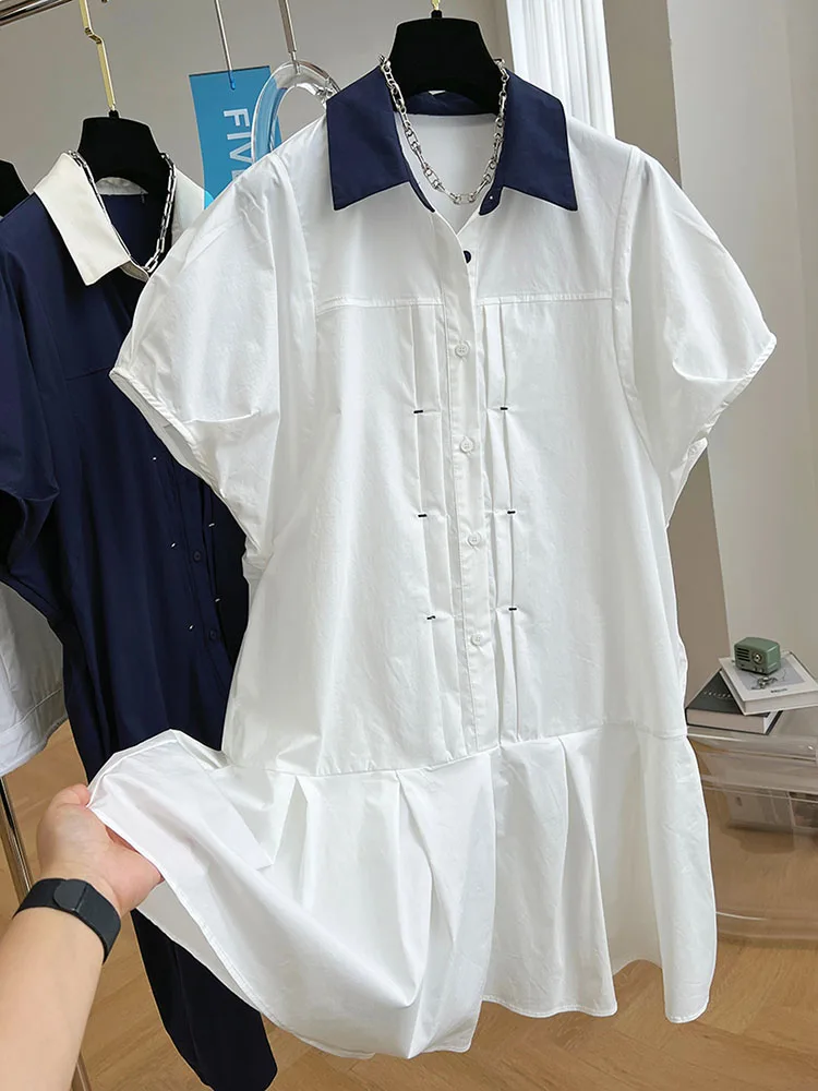 Fashion 2024 New Female Summer Vintage Casual Niche Design Sense Slim Dress Turn-down Collar  Bubble Sleeve Shirt Dress