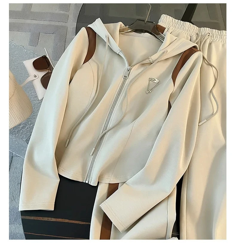 

Spring and Fall Casual Sports Suit for Women's Slim-fit Hooded Zipper Coat + Wide-leg Pants Two-piece Fashion Set