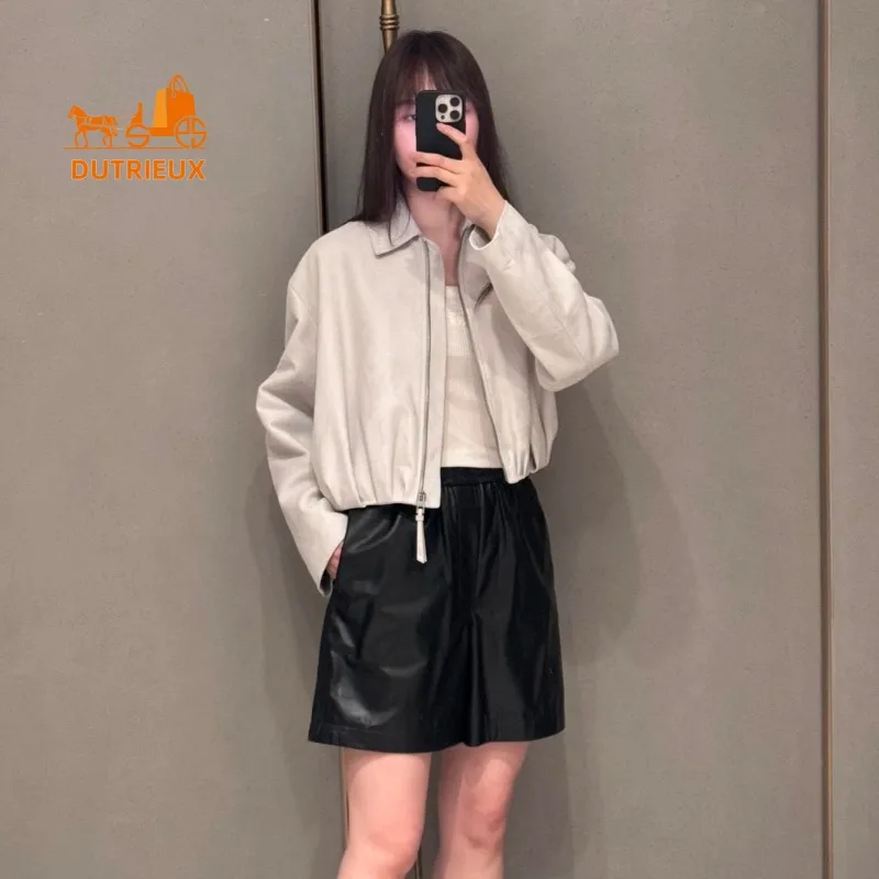 

2025 New Winter Fashion Lapel Back with Hand-gathered Draped Leather Jacket, 100% Suede Lambskin Heavy Leather Jacket for Women