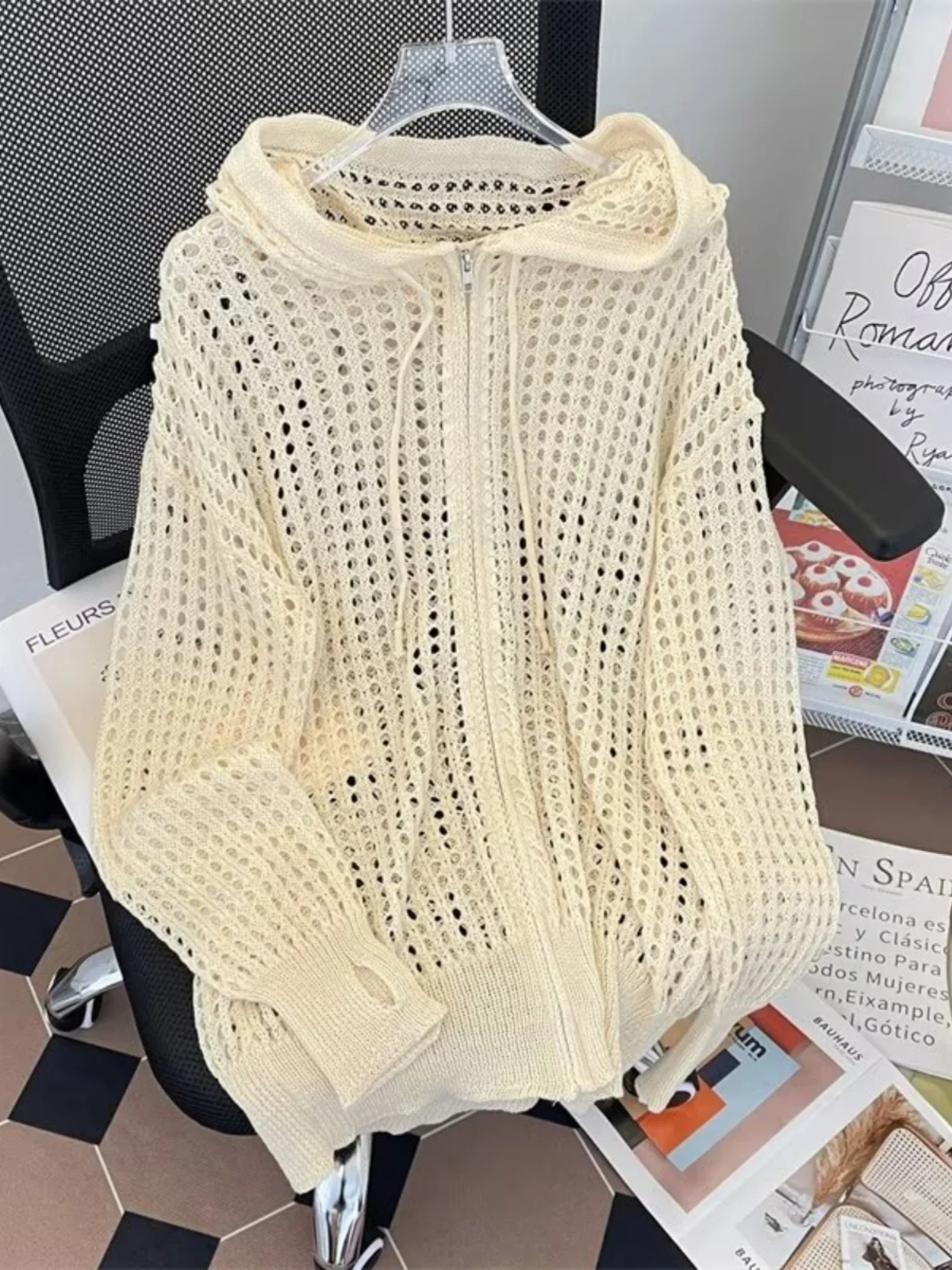 

Ретро-японская тонкая летняя вязаная толстовка на молнии с вырезами, солнцезащитная, унисекс, стильный дизайн, верхняя одежда